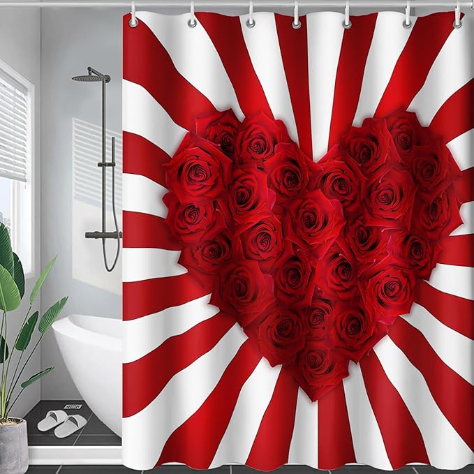 AILONEN Red Rose Hearts Print Shower Curtain for Bathroom, Romantic Flower Red and White Stripe Bathroom Decor 72" W*84" H Bath Curtain Polyester Waterproof Shower Curtain with 12 Hooks