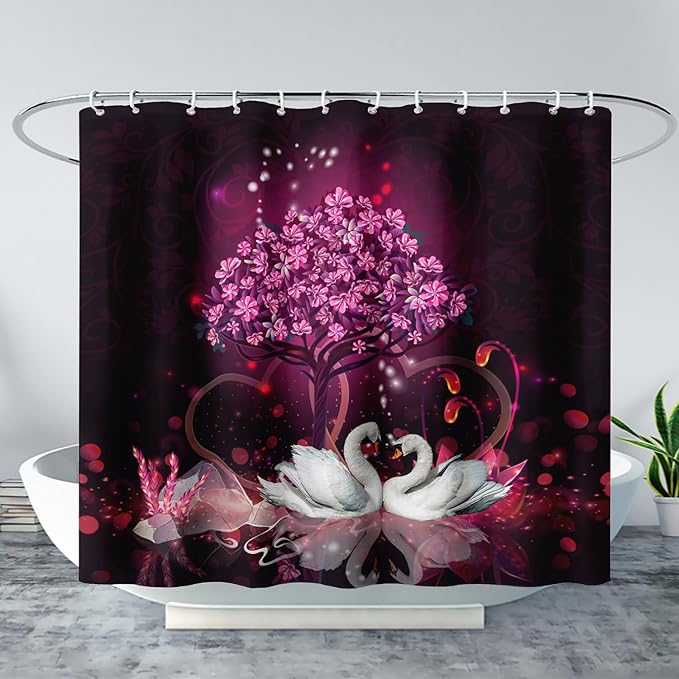 AILONEN Romantic Love Theme Shower Curtain for Girls Pink Love Tree Floral Valentine Bathroom Decor,Swan Couple Lover Bath Curtain 48" W*72" H Polyester Waterproof Bathroom Curtain with Hooks