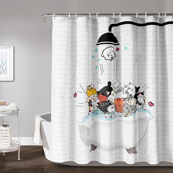 AILONEN Cute Cats Shower Curtain for Kids 36" W*72" H Inch,Kawaii Hilarious Funny Cat Pet Playing Water Shower Curtain,12 Pack Hooks Polyester Waterproof Fabric Decor for Bathroom Bathtub Panels