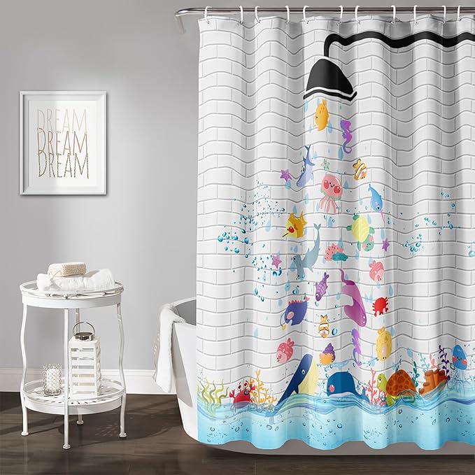 AILONEN Cute Fish Shower Curtain for Kids 60" W*72" H Inch,Raining Marine Animal Playing Water Shower Curtains,12 Pack Hooks Polyester Waterproof Fabric Decor for Bathroom Bathtub Panels