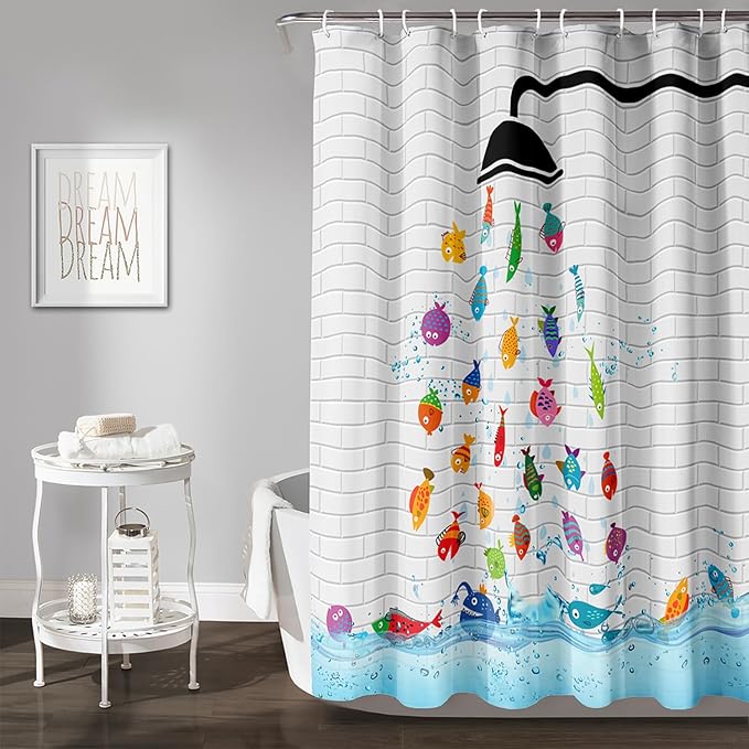 AILONEN Cute Fish Shower Curtain for Kids 72" W*96" H Inch,Raining Fish Playing Water Shower Curtains,12 Pack Hooks Polyester Waterproof Fabric Decor for Bathroom Bathtub Panels