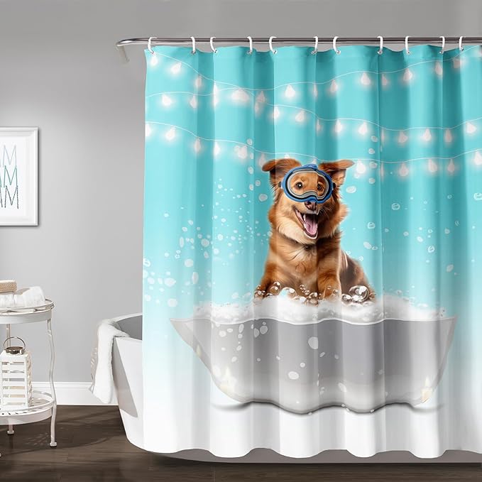 AILONEN 3D Bathtub Dog Shower Curtain for Kids 72" W*84" H Inch,Kawaii Diving Dog Sitting in a Bathtub Shower Curtain,12 Pack Hooks Polyester Waterproof Fabric Decor for Bathroom Bathtub Panels