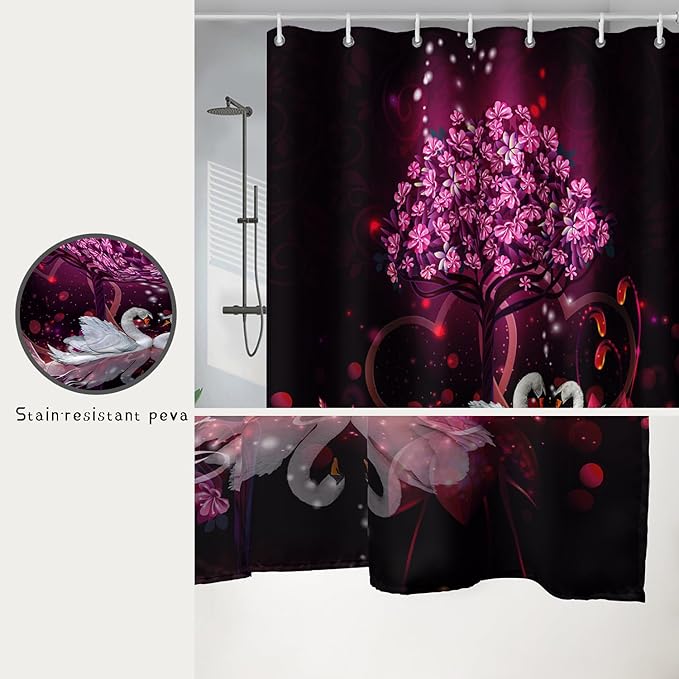 AILONEN Romantic Love Theme Shower Curtain for Girls Pink Love Tree Floral Valentine Bathroom Decor,Swan Couple Lover Bath Curtain 60" W*72" H Polyester Waterproof Bathroom Curtain with Hooks