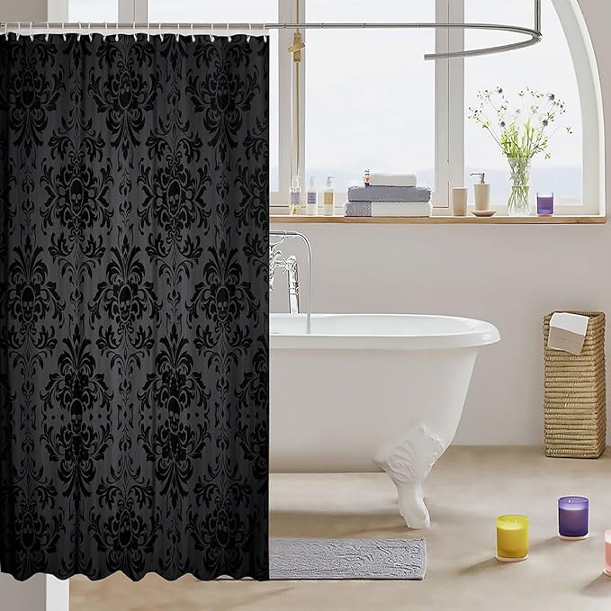 Feelyou Black Damask Shower Curtain 72"x78" Kids Vintage Floral Bathroom Shower Curtain Set for Boys Girls Teens Antique Victorian Baroque Bath Curtain Gothic Bone Skeleton Bathroom Accessories