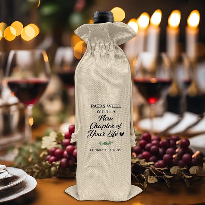 HOIJAUMAI New Chapter Wine Bag, New Job Gift for Women Men, Going Away Gifts for Coworker Colleague Friends, Pairs Well with a New Chapter of Your Life Burlap Drawstring Wine Bag