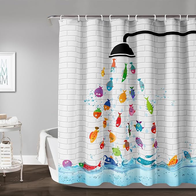 AILONEN Cute Fish Shower Curtain for Kids 36" W*72" H Inch,Raining Fish Playing Water Shower Curtains,12 Pack Hooks Polyester Waterproof Fabric Decor for Bathroom Bathtub Panels
