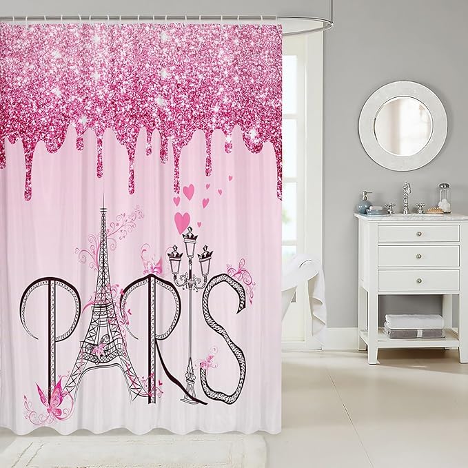 Feelyou Eiffel Tower Shower Curtain 72"x78" Glitter Romantic Paris Bathroom Shower Curtain Set for Boys Girls Teens Ombre Pink Butterfly Bath Curtain Modern French Bathroom Accessories(No Glitter)