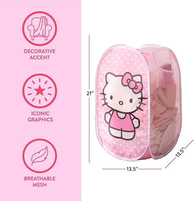Sanrio Hello Kitty Pop Up Hamper with Durable Carry Handles, 21'' H x 13.5'' W X 13.5'' L
