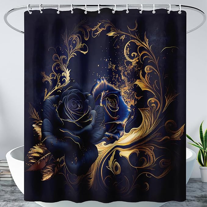 AILONEN Blue Rose Shower Curtain 36"W*72"H for Bathroom,Mystic Blue Gold Flower Glitter Rose Print Bath Curtain,Girls Women Teen Adults Bath Curtain Polyester Waterproof Shower Curtain With 12 Hooks