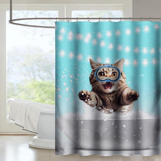 AILONEN 3D Bathtub Cat Shower Curtain for Kids 72" W*78" H Inch,Kawaii Diving Cat Leaps Out of Bathtub Shower Curtain,12 Pack Hooks Polyester Waterproof Fabric Decor for Bathroom Bathtub Panels