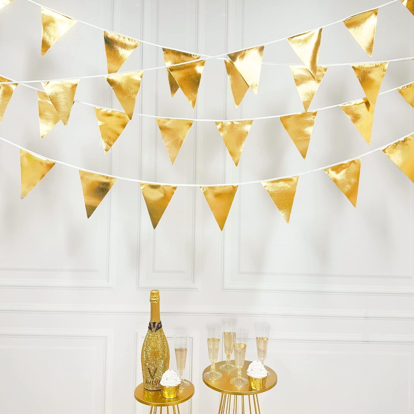 Gold Party Decorations Metallic Fabric Triangle Pennant Banner Gold Flag Bunting Garland for Graduation Birthday Wedding Anniversary Bridal Shower Bachelorette Engagement Hen Party Decoration Supplies