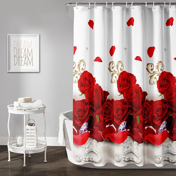 AILONEN Rose Flower Shower Curtain for Bathroom,Red Rose Bathroom Curtain for Girls Women,Romantic Flower Bath Curtain 72" W*96" H Polyester Waterproof Bathroom Curtain with 12 Hooks