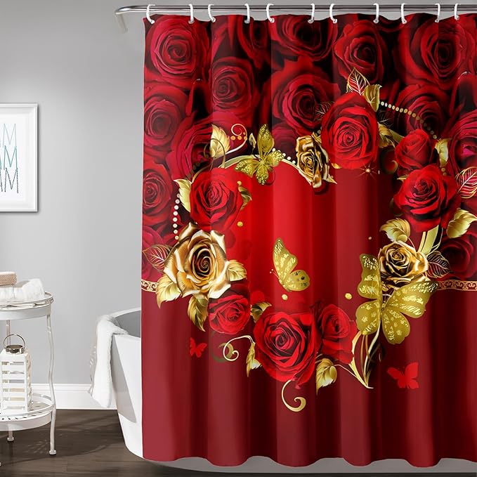 AILONEN Red Rose Couple Shower Curtain,Red and Gold Hearts Printed Bath Curtain,Modern Waterproof Luxury Rose Themed Bathroom Decor, 48" W x 72" H