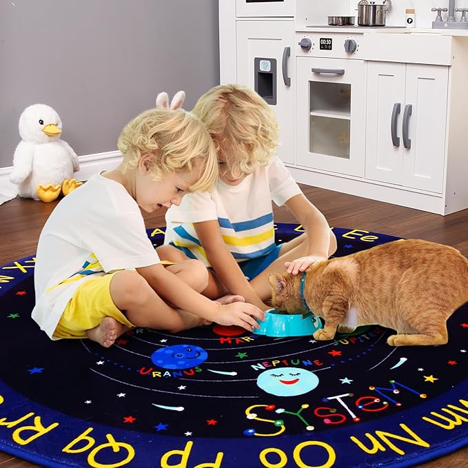 Kids Rug 4x4 Round Rug Solar System Pattern Nursery Rug Baby Soft Area Rug Non Shedding Carpet for Babyroom Play Room Non Slip Educational Rug Galaxy Outer Space Playmat, Blue Round 4'x4'