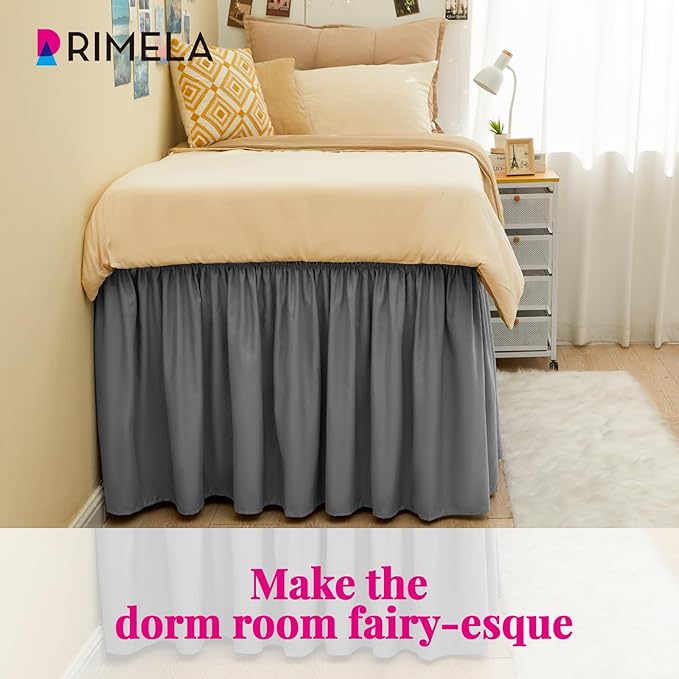 RIMELA Dorm Bed Skirt Twin XL 22 Inch Drop, Extra Long Wrap Around Elastic Bed Skirts Easy to Put On Twin Size Dust Ruffle, Grey Bedskirt for Adjustable Bed Base Solid Silky Fabric Machine Washable
