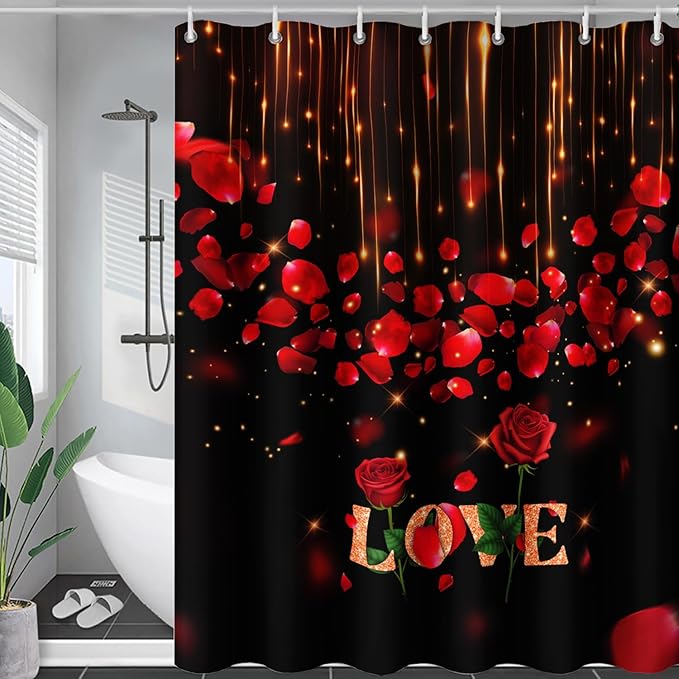 AILONEN Red Rose Flower Shower Curtain,Red and Black Shower Curtain,Romantic Flower Couple Lover Bath Curtain,Rose Themed Bathroom Decor,Waterproof 72" W x 96" H