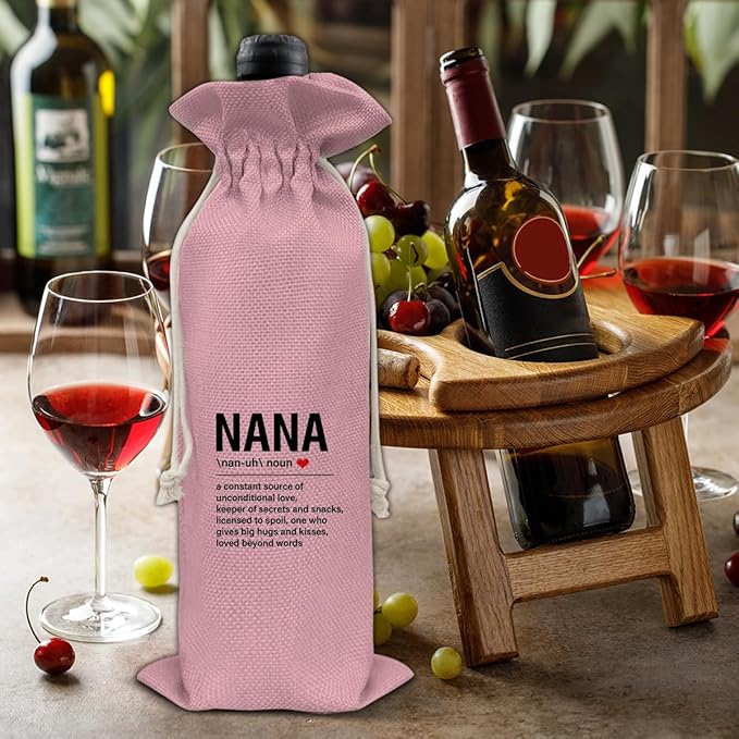 HOIJAUMAI Nana Gifts Grandma Gift Nana Definition Wine Bag Grandma Wine Gift Bags for Birthday Mother's Day (Pink)