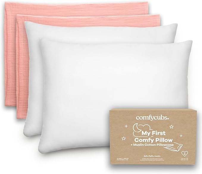 Comfy Cubs Toddler Pillow with Soft Muslin Pillowcase, 13"x18", Blush (2 Pack) - Kids Pillow for Sleeping & Travel - Comfortable Small Pillow - Kids Travel Pillow with Breathable Microfiber Fill