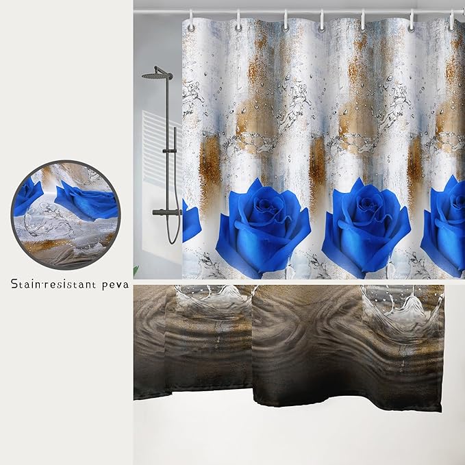 AILONEN Blue Rose Shower Curtain for Girls 3D Rose Water Droplet Retro Bathroom Decor,Modern Rose Flower Couple Lover Women Bath Curtain 72" W*78" H Polyester Waterproof Bathroom Curtain with Hooks