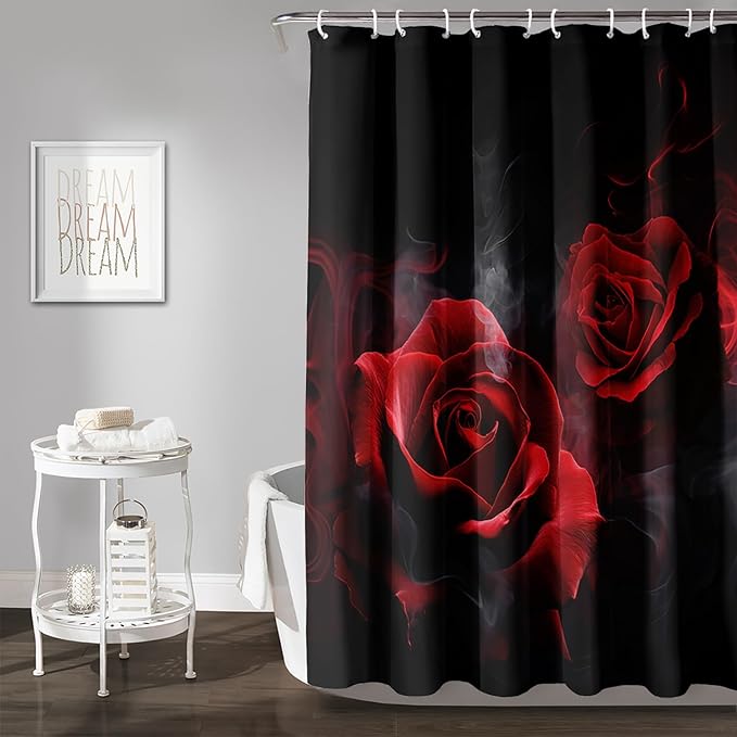 AILONEN Red and Black Rose Shower Curtain,Romantic Smoky Luxury Rose Bathroom Decor,Red Flower Garden Floral Bath Curtain,Waterproof 72" W x 96" H