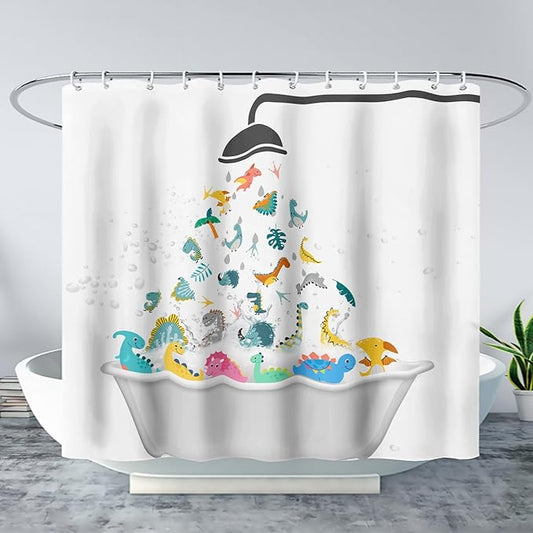 AILONEN Cute Dinosaur Shower Curtain for Kids 72" W*72" H Inch,Funny Dinosaur Animals Playing Water Shower Curtains,12 Pack Hooks Polyester Waterproof Fabric Decor for Bathroom Bathtub Panels