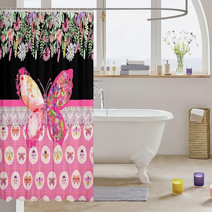 Feelyou Butterfly Shower Curtain 72"x78" Botanical Floral Flower Printed Bathroom Shower Curtain Set for Boys Girls Teens Black Pink Bath Curtain Garden Animal Natural Theme Bathroom Accessories