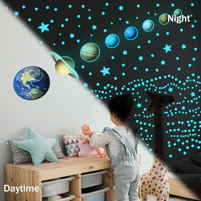 Glow in The Dark Solar System Wall Decals,Glow in The Dark Stars Solar System Wall Decals,Sun and 8 Major Planets Wall Decals for Bedroom, Nursery Wall Stickers for Bedroom (Blue)