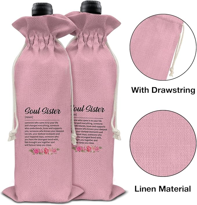 HOIJAUMAI Soul Sister Gift Friendship Gift Soul Sister Definition Wine Bag Soul Sister Wine Gift Bags for Women Best Friends Bestie BFF (Pink)