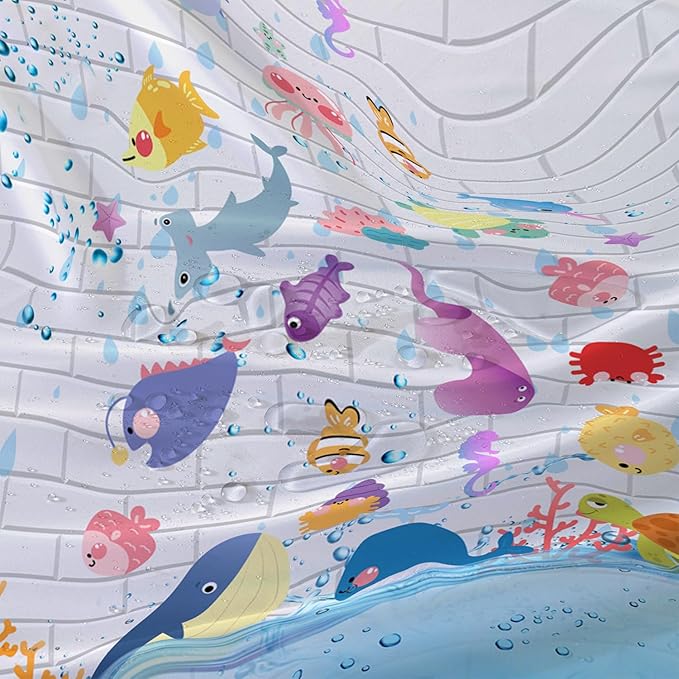 AILONEN Cute Fish Shower Curtain for Kids 72" W*78" H Inch,Raining Marine Animal Playing Water Shower Curtains,12 Pack Hooks Polyester Waterproof Fabric Decor for Bathroom Bathtub Panels
