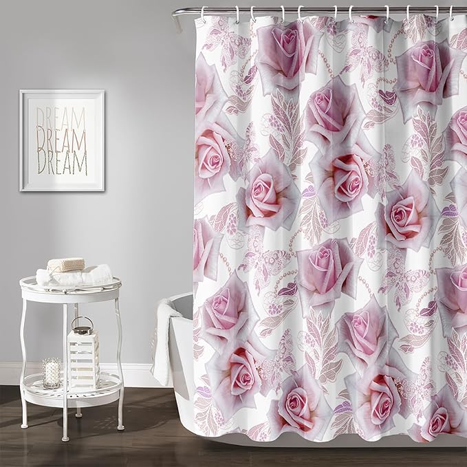 AILONEN Girls Rose Shower Curtain 48" W*72" H, Pink Rose Shower Curtain with 12 Hooks,Waterproof Floral Shower Curtain for Bathroom,Romantic Flower Pink Shower Curtain