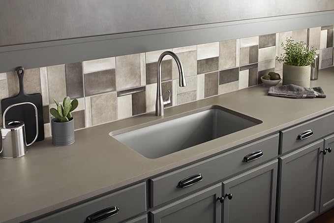 KOHLER K-8206-CM4 Cairn Sink, 33" Neoroc Composite Undermount Single-Bowl Kitchen Sink, Composite Kitchen Sink with Sink Rack, Matte Grey
