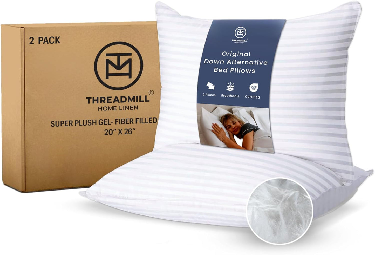 Threadmill Soft Bed Pillows Standard Size Set of 2 | Down Alternative Cooling Bed Pillow for Sleeping | Soft Pillows | 20 x 26 Hotel Pillow, Standard Pillows 2 Pack for Back, Stomach or Side Sleepers