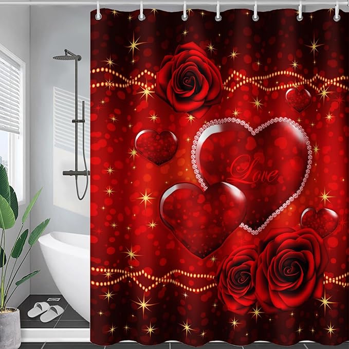 AILONEN Red Hearts Rose Shower Curtain for Bathroom Decor, Romantic Flower Bathroom Curtain 72" W*96" H,Valentine Bath Curtain Polyester Waterproof Shower Curtain with 12 Hooks