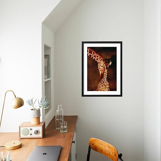 Framed Wall Art Prints Giraffe and Baby by Lantern Press, Animals Decor, 12" x 18", Black Frame with White Mat
