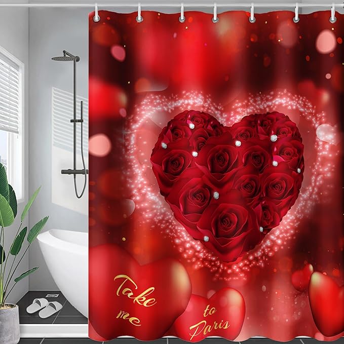 AILONEN Red Rose Hearts Printed Shower Curtain,Romantic Rose Lover Couple Bath Curtain,Fantasy Love Hearts Red Curtain for Bathroom Decor 36" W x 72" H,Waterproof