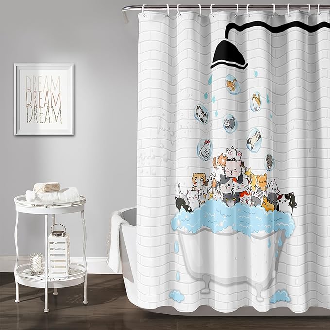 AILONEN Cute Cats Shower Curtain Raining for Kids 48" W*72" H Inch,Kawaii Hilarious Pet Playing Water Shower Curtain,12 Pack Hooks Polyester Waterproof Fabric Decor for Bathroom Bathtub Panels