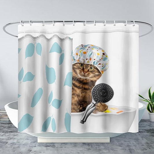AILONEN Funny Cat with Shower Cap Shower Curtain for Kids 36" W*72" H Inch,Cute Kitten Taking Shower Bathroom Curtain,12 Pack Hooks Polyester Waterproof Fabric Decor for Bathroom,Blue