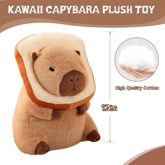 Cute Capybara Plush Kawaii Soft Capybara Plush Doll Pillow with Bread Capybara Stuffed Aniamls Toys for Girls Kids Adults Birthdays Valentines Gift 12 inch