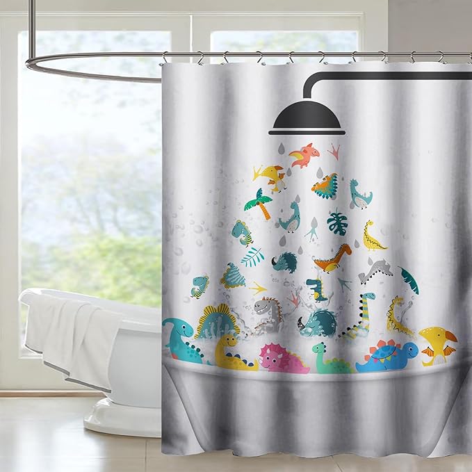 AILONEN Cute Dinosaur Shower Curtain for Kids 48" W*72" H Inch,Funny Dinosaur Animals Playing Water Shower Curtains,12 Pack Hooks Polyester Waterproof Fabric Decor for Bathroom Bathtub Panels