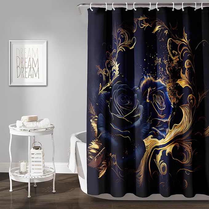 AILONEN Blue Rose Shower Curtain 60"W*72"H for Bathroom,Mystic Blue Gold Flower Glitter Rose Print Bath Curtain,Girls Women Teen Adults Bath Curtain Polyester Waterproof Shower Curtain With 12 Hooks