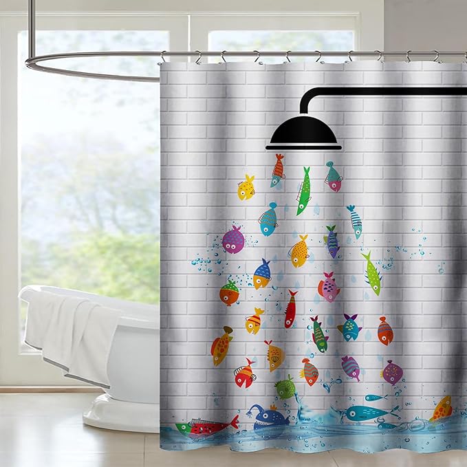 AILONEN Cute Fish Shower Curtain for Kids 48" W*72" H Inch,Raining Fish Playing Water Shower Curtains,12 Pack Hooks Polyester Waterproof Fabric Decor for Bathroom Bathtub Panels