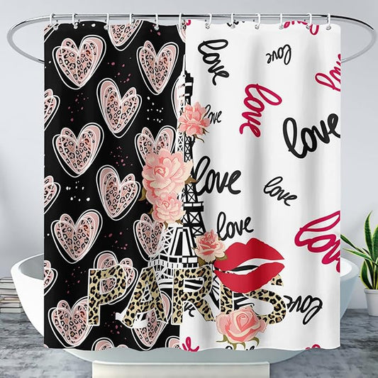 AILONEN Heart Love Shower Curtain for Bathroom, Black and White Eiffel Tower Print Bath Curtain,Pink Hearts Girls Women Shower Curtain Decoration Waterproof with 12 Plastic Hooks, 36" W*72" H