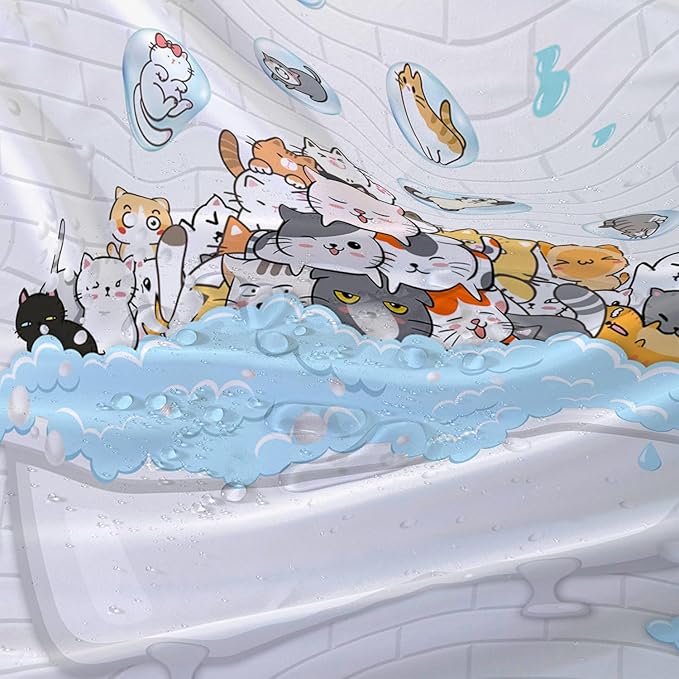 AILONEN Cute Cats Shower Curtain Raining for Kids 72" W*78" H Inch,Kawaii Hilarious Pet Playing Water Shower Curtain,12 Pack Hooks Polyester Waterproof Fabric Decor for Bathroom Bathtub Panels