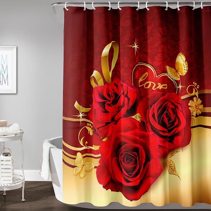 AILONEN Red and Gold Shower Curtain,Red Rose Hearts Printed Bath Curtain,Romantic Luxury Rose Flower Waterproof Curtain for Bathroom Decor 36" W x 72" H