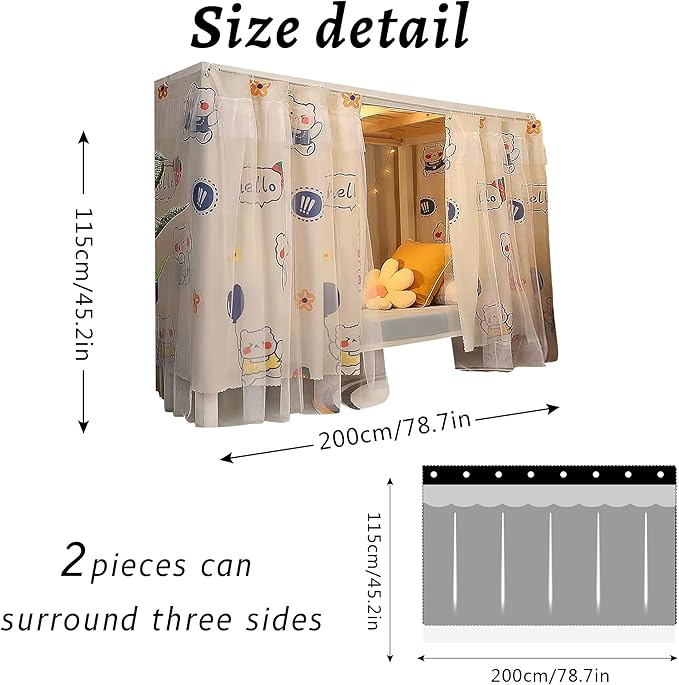 Hoce Bunk Bed Curtain Gauze Bunk Bed Curtains Drapes with Lace Privacy Dorm Bed Canopy for Bottom Twin, 2 Panels