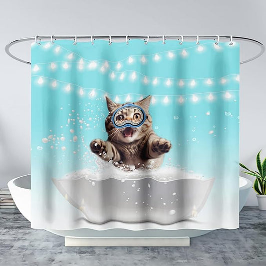 AILONEN 3D Bathtub Cat Shower Curtain for Kids 72" W*84" H Inch,Kawaii Diving Cat Leaps Out of Bathtub Shower Curtain,12 Pack Hooks Polyester Waterproof Fabric Decor for Bathroom Bathtub Panels
