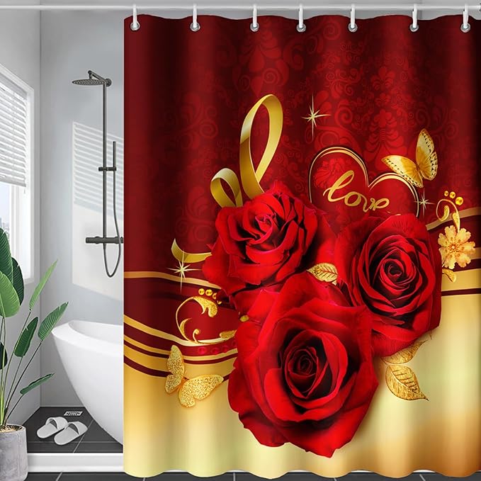 AILONEN Red and Gold Shower Curtain,Red Rose Hearts Printed Bath Curtain,Romantic Luxury Rose Flower Waterproof Curtain for Bathroom Decor 72" W x 96" H