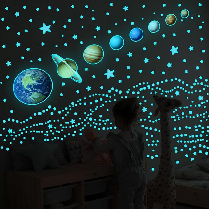 Glow in The Dark Solar System Wall Decals,Glow in The Dark Stars Solar System Wall Decals,Sun and 8 Major Planets Wall Decals for Bedroom, Nursery Wall Stickers for Bedroom (Blue)