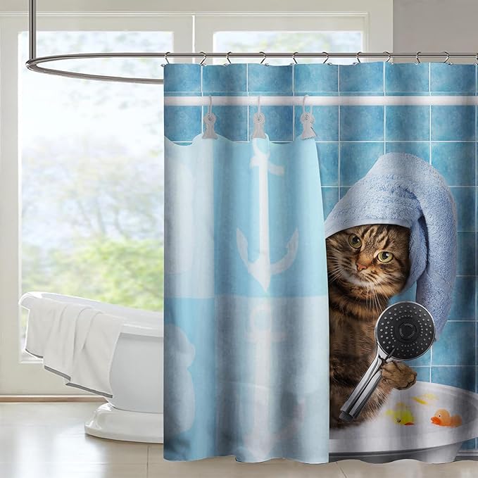 AILONEN Funny Cat Shower Curtain for Kids 72" W*84" H Inch,Cute Kitten Taking Shower Bathroom Curtain,12 Pack Hooks Polyester Waterproof Fabric Decor for Bathroom,Blue