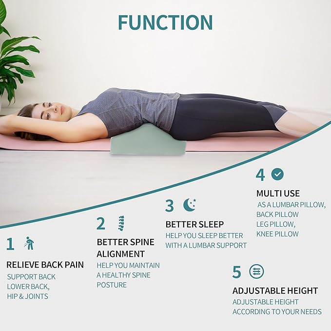 HOMBYS Adjustable Lumbar Support Pillow for Sleeping, 3 Layer Memory Foam to Change Height for Back Pain Relief, Triangle Wedge Bolster Pillow for Back Stomach & Side Sleepers